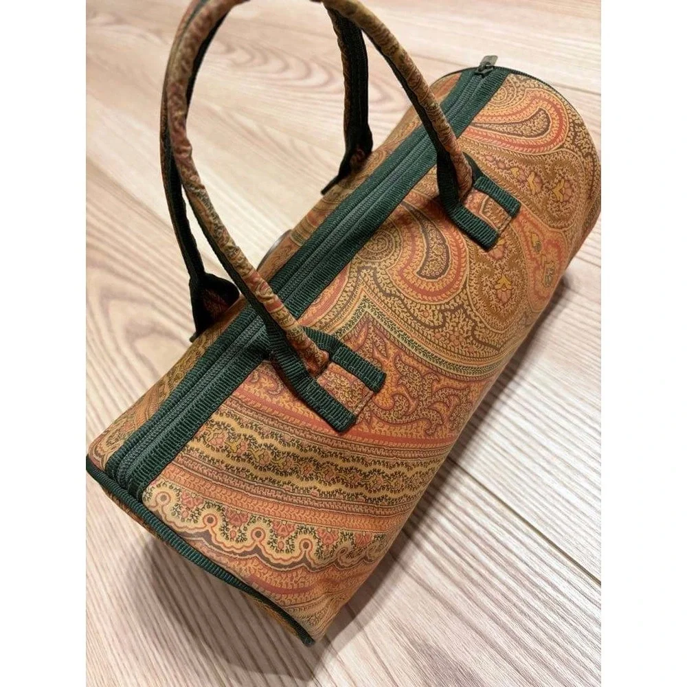 Etro Milano Vintage Paisley Barrel Bag Mini Duffle Brown Green Coated Canvas